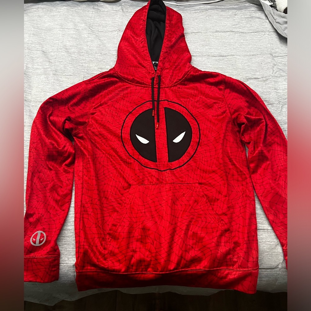 Marvel Deadpool Pullover Hoodie Red and Logo Adult Size M